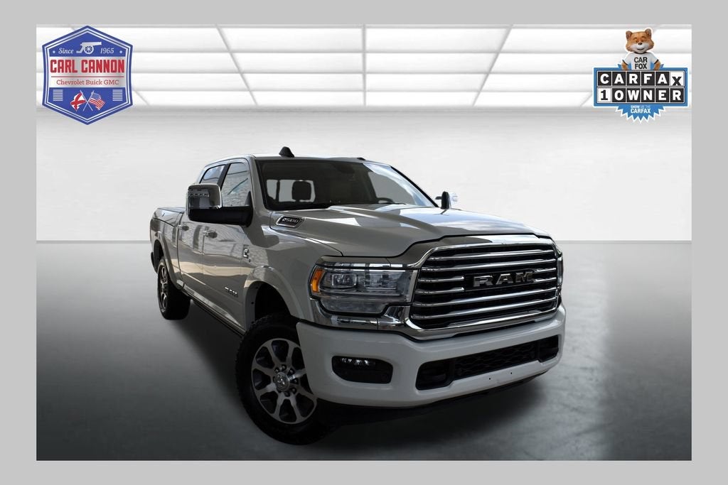 2024 RAM 2500 Longhorn in Pearl White — front three-quarter view